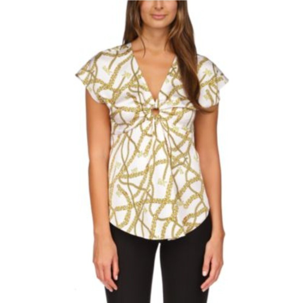 Michael Kors Chain Print Top Blouse Keyhole Neck Short Sleeve White‎ 1X